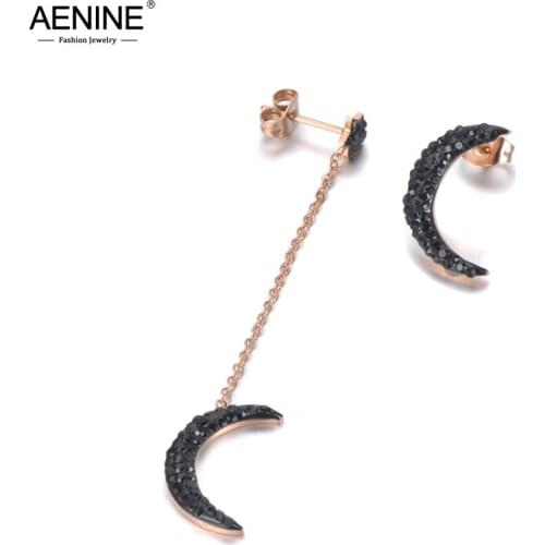 AENINE Original Design Trendy Stainless Steel Star Moon Earrings Rose Gold Black Clay Rhinestone Ear Jewelry For Women AE19167