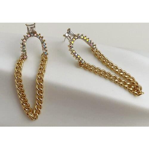 GSOLD Geometric Colorful Rhinestone Metal Chain Tassel Earring Simple Metallic Dangle Drop Earring Women Fashion Trendy Jewelry