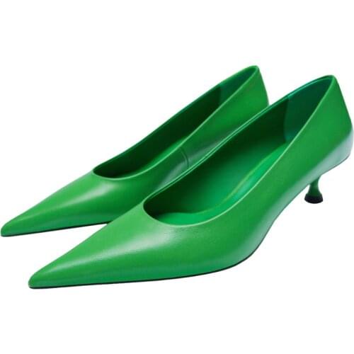 2021 Summer Shoes Women French Girl Pointed Stiletto High Heels Single Shoes Green Sheepskin Leather Pumps Dress Office Shoe