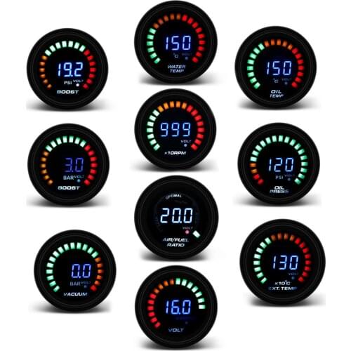 2" 52MM Digital 20 LED Boost bar psi Vacuum Water temp Oil temp Oil press Voltmeter Air/fuel ratio EGT temp RPM Gauge