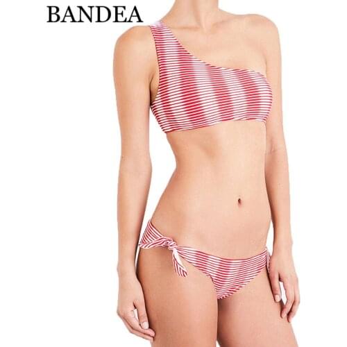 BANDEA one shoulder bikini set pink striped swimwear women brazilian swimsuit padded bathing suit maillot de bain femme biquini