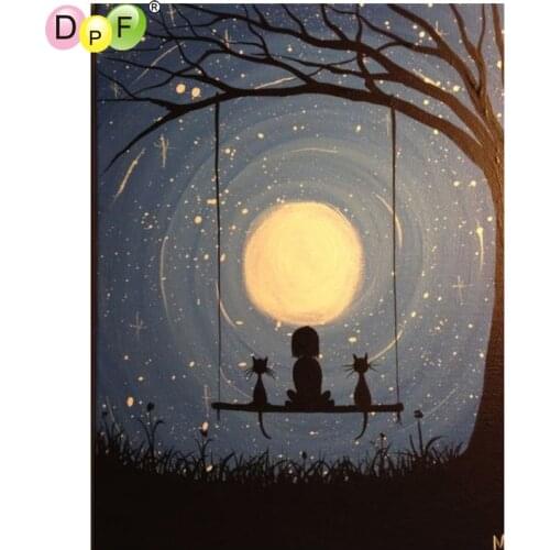 DPF DIY Girl cat moon 5D diamond mosaic square diamond painting cross stitch home decor diamond embroidery crafts wall painting