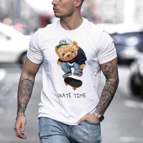 2021 Summer Oversize Cute Bear White Color Mens Kawaii T-Shirt Fashion Short Sleeve Solid Color Loose Cartoon Tops