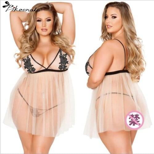 Hot Erotic Women Lace Sexy Lingerie Plus Size Porno Transparent Chiffon Nightwear Underwear Sleepwear Dress Pijama Set 5XL 4XL