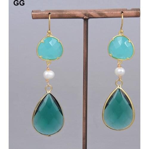 GuaiGuai Jewelry Natural Cultured White Round Pearl Green Crystal Hook Earrings For Women Girl