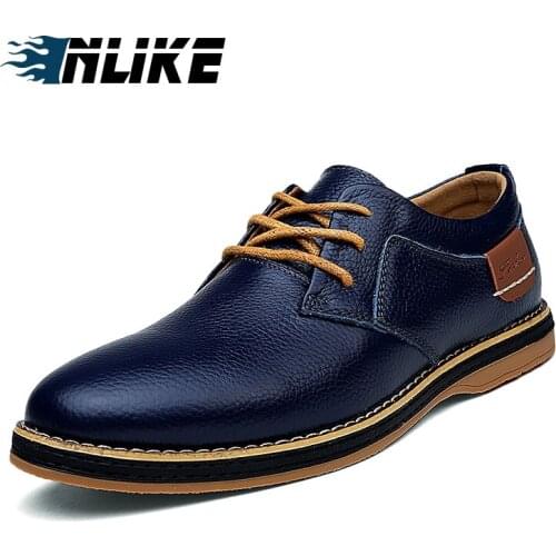 INLIKE Basic Men Lace Up Genuine Cow Leather Shoes Spring Summer Autumn Flats Rubber Outsole Light Daily Casual Work Shoes