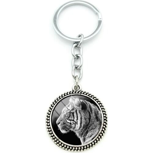 JWEIJIAO Design Black Animal Cabochon Glass Pendant Keychain Round Glass Gemstone Keychain Metal Jewelry For Friends