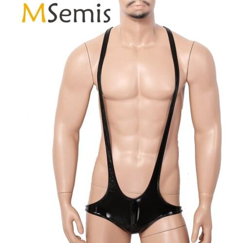 MSemis Men Wet Look Leather Open Chest Underwear Jumpsuits Pole Dancing Erotic Sexy Body Lingerie Singlet Bodysuit Nightwear