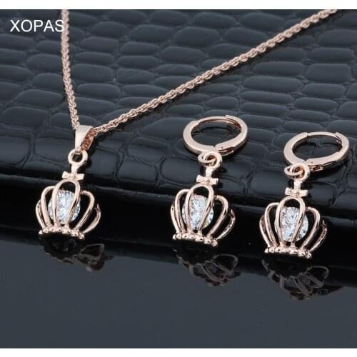 XOPAS Wholesale 585 Rose Gold Color CZ Crown Necklace & Earrings Exquisite Jewelry Sets for Women Gift