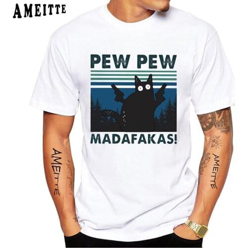 Kitten Pew Pew Madafakas Retro Classic T-Shirt New Summer Men Short Sleeve Cool Boy Casual Tops Funny Cat Dog Design White Tees