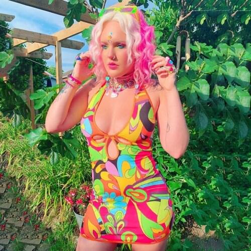 Harajuku Print Y2K Bodycon Sundresses Hollow Out Sexy Chic Halter Vintage Dress Elegant Backless Cute Mini Outfits Hot Vestido