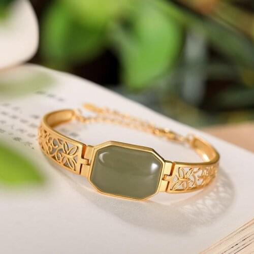 Original S925 Sterling Silver Gold Plated Hetian Jade Retro Personality Hollow out Butterfly Goddess with Light Luxury Brace Lac