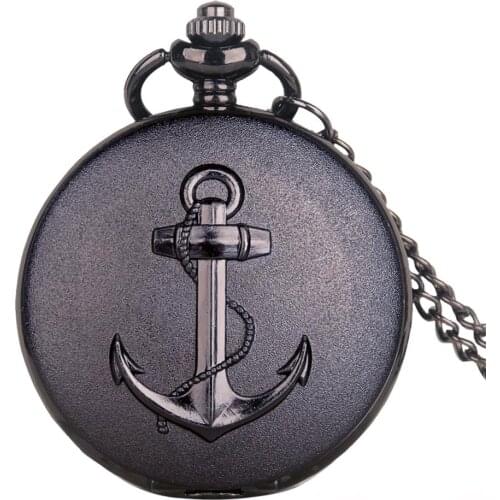 Sailing Black Quartz Pocket Watch Anchor Pattern for Foremast Hand Marine Antique Women Men Necklace Chain