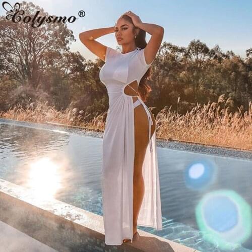 Colysmo Side Split Sexy Long Dress Summer O-neck Short Sleeve Tie Up Casual Dress White Cover Up Maxi Beach Dresses 2020 New