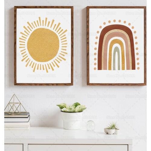 Rainbow and Sun Poster for Nursey Boho Style Cartoon Bohemia Sun Canvas Painting for Kids Baby Room Wall Art Decor