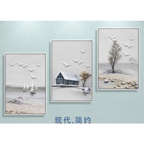 Modern simple three - dimensional relief Canvas painting tranquility pastoral decorative painting triple painting frameless
