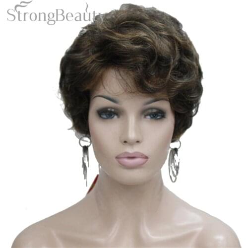 StrongBeauty Short Black Brown Mix Blonde Highlights Wigs Women Synthetic Curly Wigs