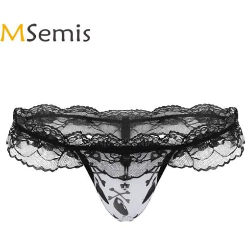 Sexy Lingerie Men Low Rise Ruffled Lace Panties Sissy Micro Penis Pouch T-Back G-string Briefs Erotic Gay Tanga Bikini Underwear