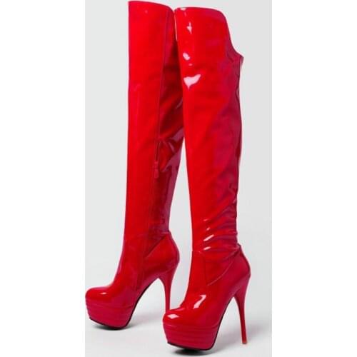 Patent PU leather white red black womens overknees platform thin high heels booties big size 33-46 woman over-the-knee boots