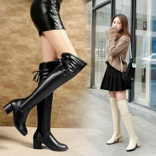 Sianie Tianie Soft PU Winter Women Shoes Stretchy Thigh High Booties Big Size 33-45 Chunky Heels Goth Woman Over-the-Knee Boots