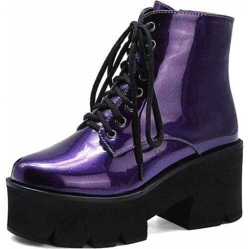 RASMEUP New Style Platform Heel Womens Ankle Boots Chunky Motorcycle Boots For Women Patent Leather Purple Yellow Shoes Big Size