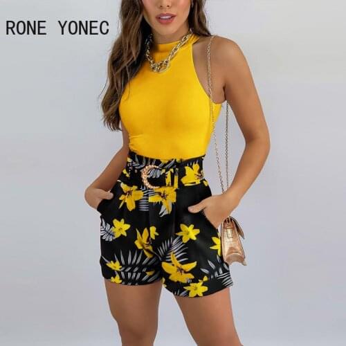 Women Colorblock Sleeveless Top & Floral Print Pocket Design Shorts Set Summer Vacation Suit
