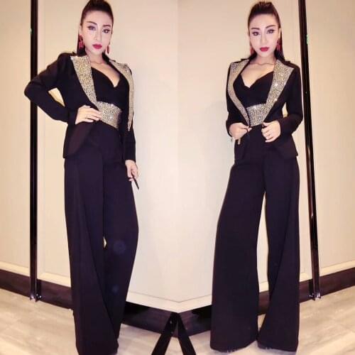 Sparkly Crystals Stones Jacket Bra Pants 3 Piece Outfits Female Formal Suits Lady Singer Host Stage Costumes Bar Clubs Clothing