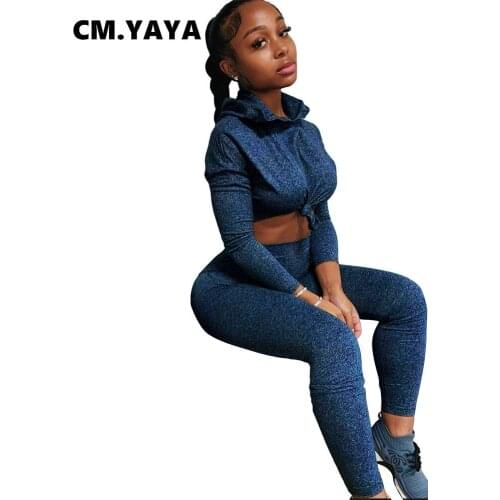 CM.YAYA Women Tracksuit Solid Hooded Crop Tops + Skinny Pencil Pants Two 2 Piece Sets Casual Pants Set Sporty Outfit Autumn 2021