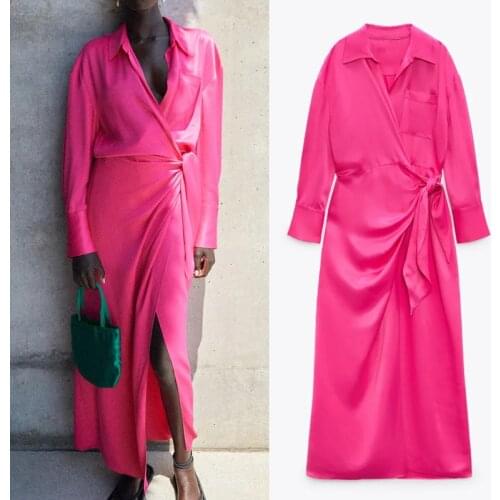 2021 Satin Shirt Dress Woman Wrap Summer Long Dress Women Elegant Long Sleeve Midi Ladies Dresses Casual Dresses