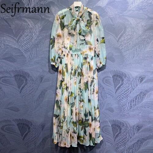 Seifrmann New 2021 Summer Women Fashion Designer Party Long Dress Lantern Sleeve Bow High Waist Floral Print Ladies A-Line Dress