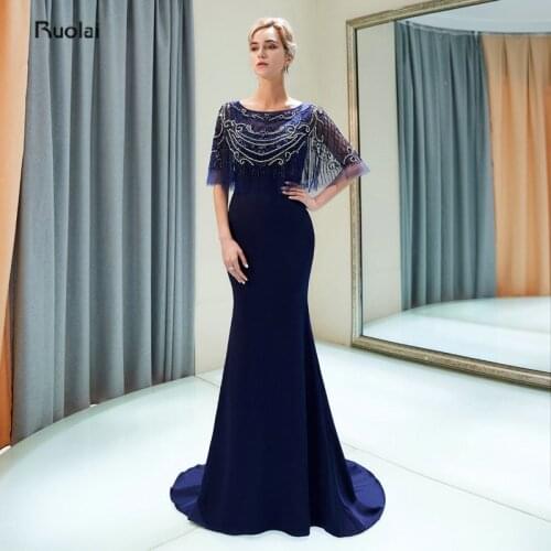 Robe de soiree Navy Blue Luxury Evening Dresses Long 2019 With Cape Heavy Beaded Evening Gowns for Women Formal Party Dresses