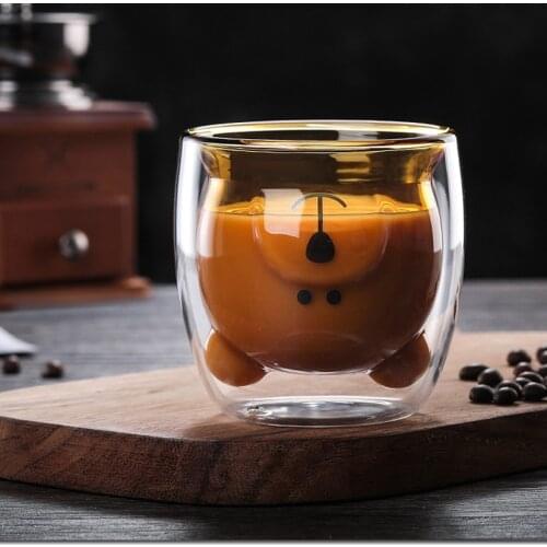290/260 ml Coffee Cup Double Layer Heat-Resistant Glass Bear Cake Towel Cartoon Creative Coffee Cup Fruit Juice Milk Household