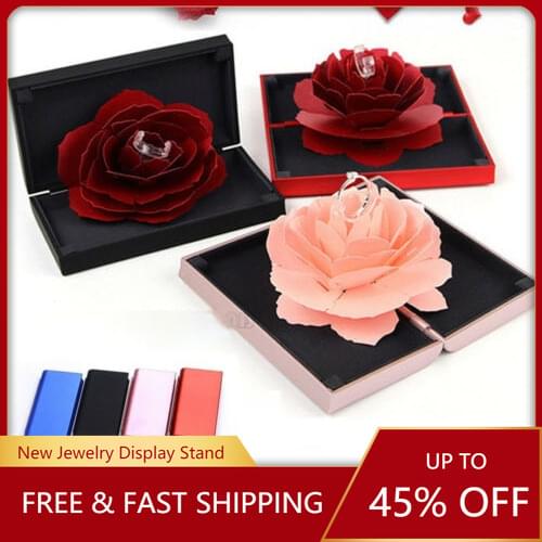 3D Pop Up Rose Ring Box Wedding Engagement Jewelry Storage Rectangular Proposal Rotating Rose Flower Ring Box