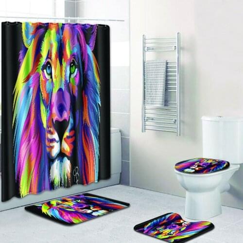 4pcs American style Tiger animal printed Polyester Waterproof Shower Curtains With Rectangle Non-slip Floor Mat Bath carpet Set