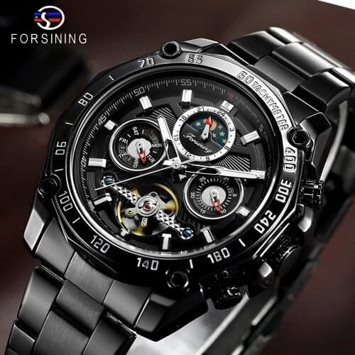 Forsining Full Black Tourbillon Mechanical Watches Male Moonphase Date Stainless Steel Band Automatic Wristwatch Erkek Kol Saati