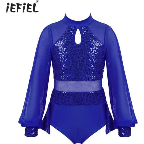 IEFiEL Girls Ballet Dance Costume Jumpsuit Leotard Kids Mock Neck Long Sleeves Shiny Sequins Jazz Latin Ballroom Dance Costumes