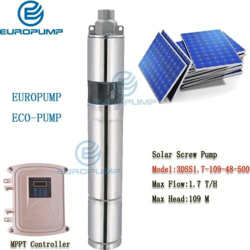 EUROPUMP MODEL(3DSS1.7-109-48-500) 3" DC Screw Deep Well Solar Water Pump Kits 48V 500W Max Head 109m, Flow 1.7T/H water pump