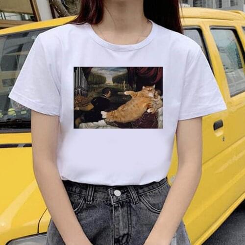 Retro cat Print T shirt Women Fashion Tshirt O neck Short Sleeve Harajuku T shirt White Tops Female Tops
