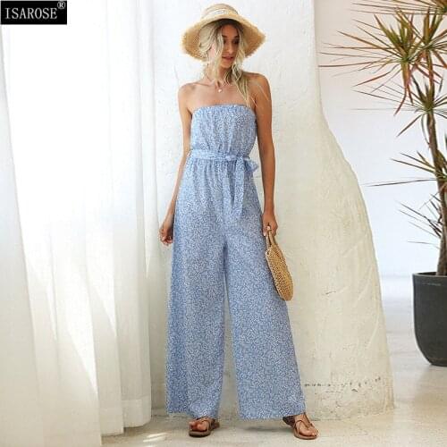 ISAROSE Bohemian Jumpsuits Floral Printed Strapless Backless Wide Leg Overalls for Women Summer High Waist Casual Pant with Belt