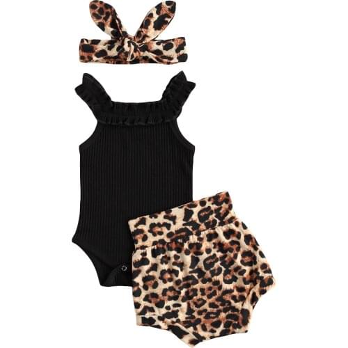 Summer Lovely Baby Girls Boys Clothes Sets Knit Sleeveless Romper Tops Leopard Shorts Headband 0-18M 2021 New
