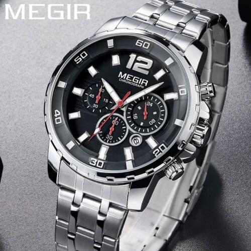 MEGIR Watch Men Waterproof Chronograph Military Male Clock Top Brand Luxury Silver Stainless Steel Classic Sport Wristwatch 2068