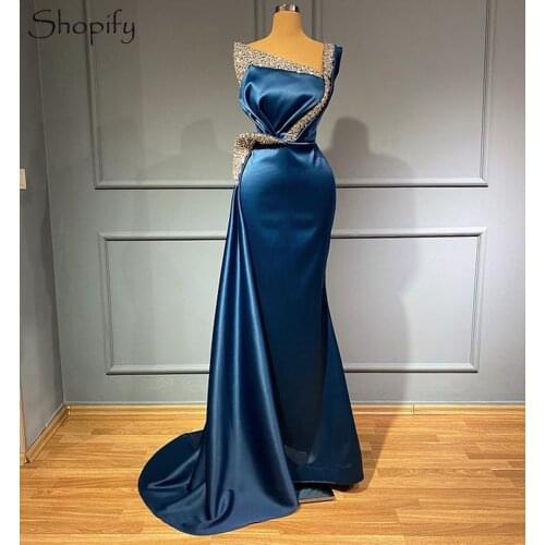 Real Sample Elegant Mermaid One Shoulder Sparkly Beaded Crystals Blue Satin African Women Long Evening Dress 2021