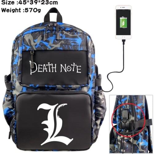 Anime Death Note Nylon USB Backpack Student Casual Schoolbag Cartoon Teenger Travel Laptop Bag Zipper Bookbag Knapsack