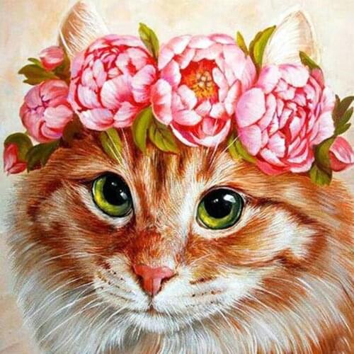 5d Diy Diamond Art Diamond Painting Full Square Round Cat With Pink Wreath Paint By Diamond Embroidery Home Decor