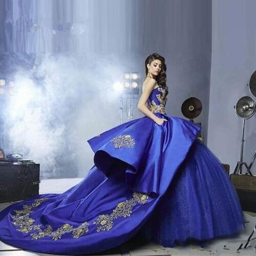 Luxury Gold Appliques Quinceanera Dresses with Peplum 2020 Masquerade Ball Gown Royal Blue Sweety 16 Girls Prom Party