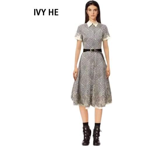 IVY HE French Retro Look Thin Houndstooth Print High-End Temperament Ladies Fashion Dresses Summer Womens Dress 2021