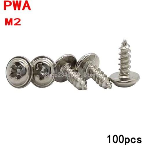 100Pcs PWA Nickel Plated Cross Round Head Self Tapping Screw With Pad M2*4/5/6/8/10mm Silver Pan Head Tapping Screws With Washer