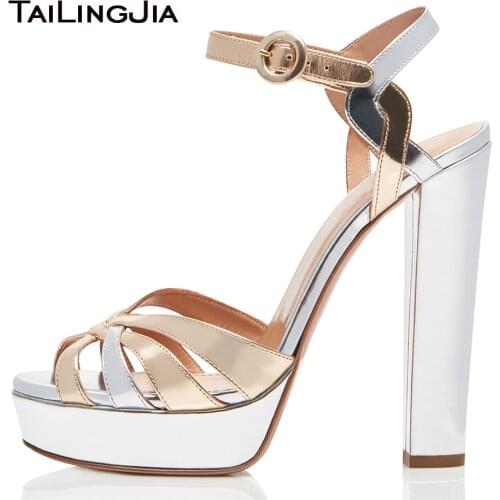 Gold and Silver Patent Leather Platforms for Women Strappy Sandals Peep Toe Chunky Heel Evening Dress Heels Ladies Summer Shoes