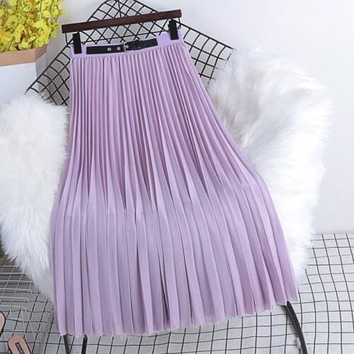 Spring Autumn Pleated A-Line Skirt Womens Elastic Waist Solid Color Mid-Length Belted Skirt 2021 Chic Elegant Femme Jupe zh134