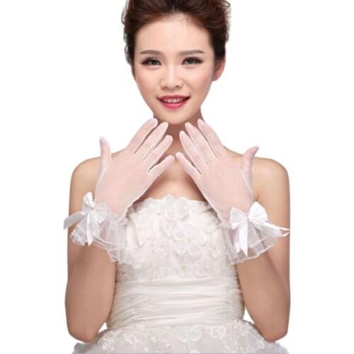 Women White Wedding Bridal Short Gloves Full Finger See Through Ribbon Bowknot Decor Wrist Length Costume Prom Party Solid